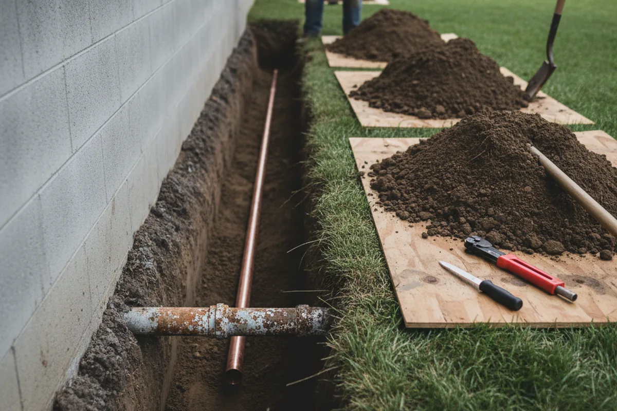 Excavated water line trench during Water Heater Repair in South Beloit